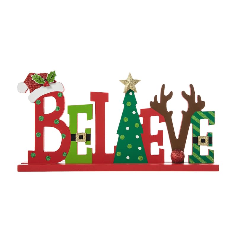 Glitzhome 14"L Wooden Christmas BELIEVE Word Sign Table Decor