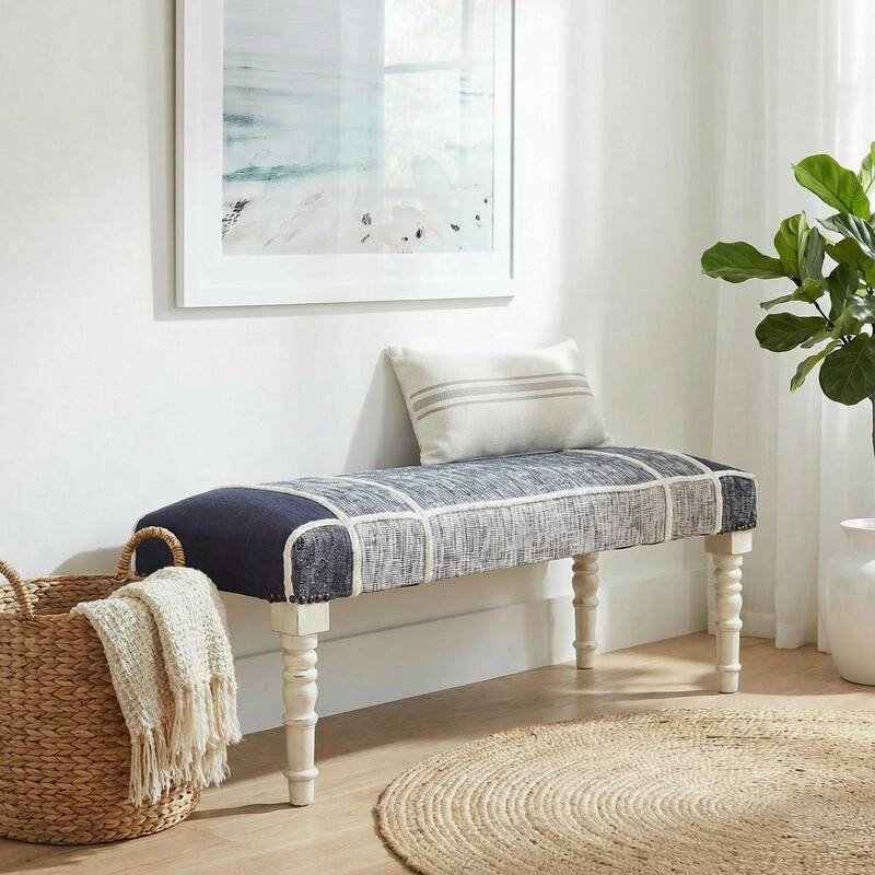 Beau 47" Upholstered Entryway Bench by Sevita - 16"W x 47"L x18"H - 16"W x 47"L x18"H - Navy Blue/White