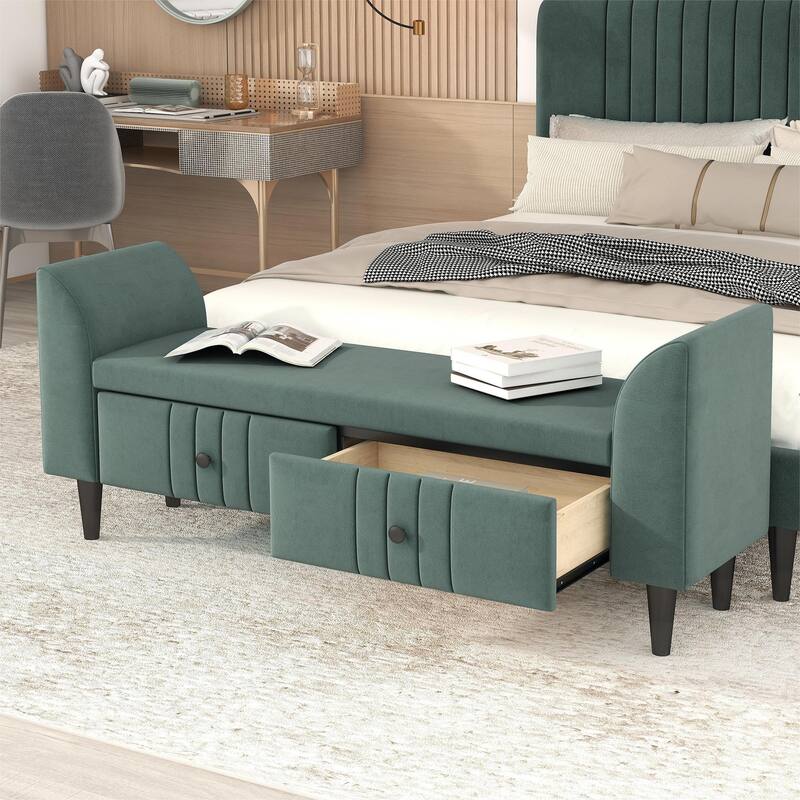 Upholstered Wooden Storage Ottoman Bench with 2 Drawers Bed Bath