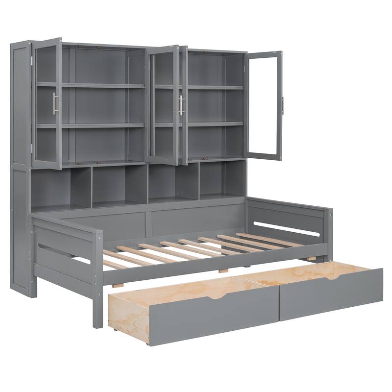 Twin Size Wooden Daybed with Glass-Door Storage, LED Lighting, and Shelves, Gray