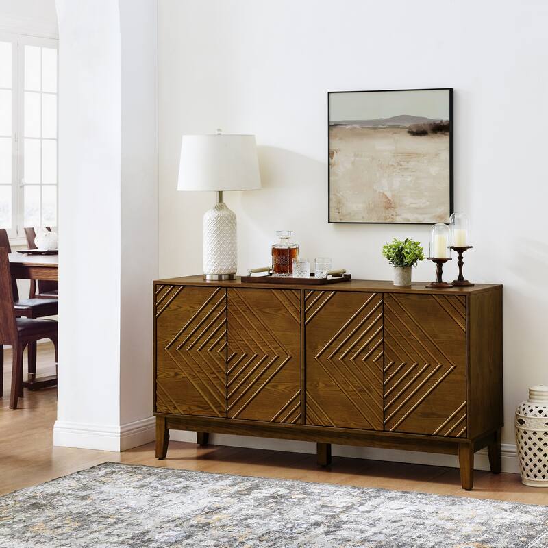 60" Vintage Fluted TV Console with Adjustable Shelving & 2 Socket Hole, Farmhouse Wood Fluted Sideboard with Invisible Handle