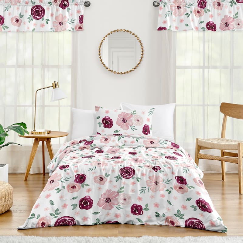 Burgundy and Pink Watercolor Floral Girl 2pc Twin Comforter Set - Blush Maroon Wine Rose Green Shabby Chic Flower Farmhouse