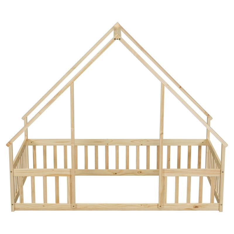 Twin Size Wood House Floor Bed with Fence and Guardrails