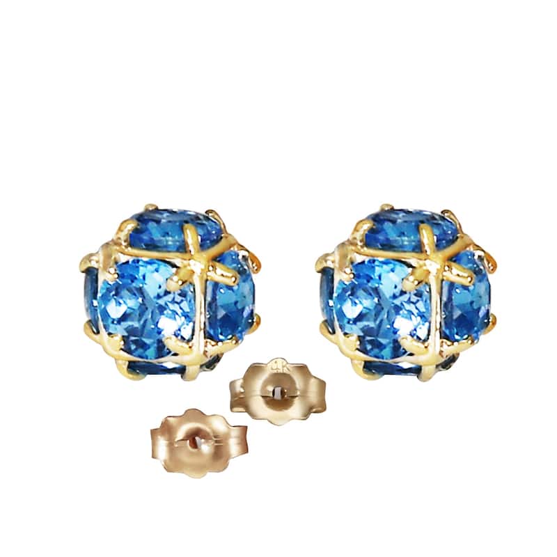 14K Solid Gold Stud Gemstone Earrings Natural Blue Topaz Certified