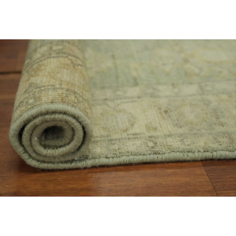 Vegetable Dye Green Oushak Turkish Rug, Floral Geometric - 6' 1'' X 2' 9''