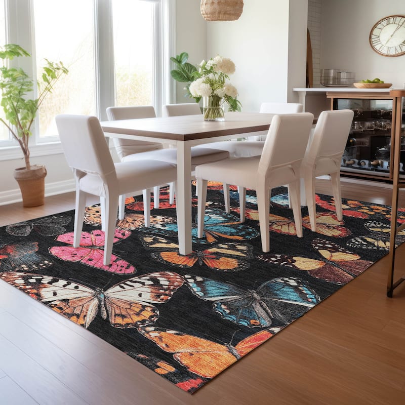 Machine Washable Indoor/Outdoor Butterflies Chantille Rug