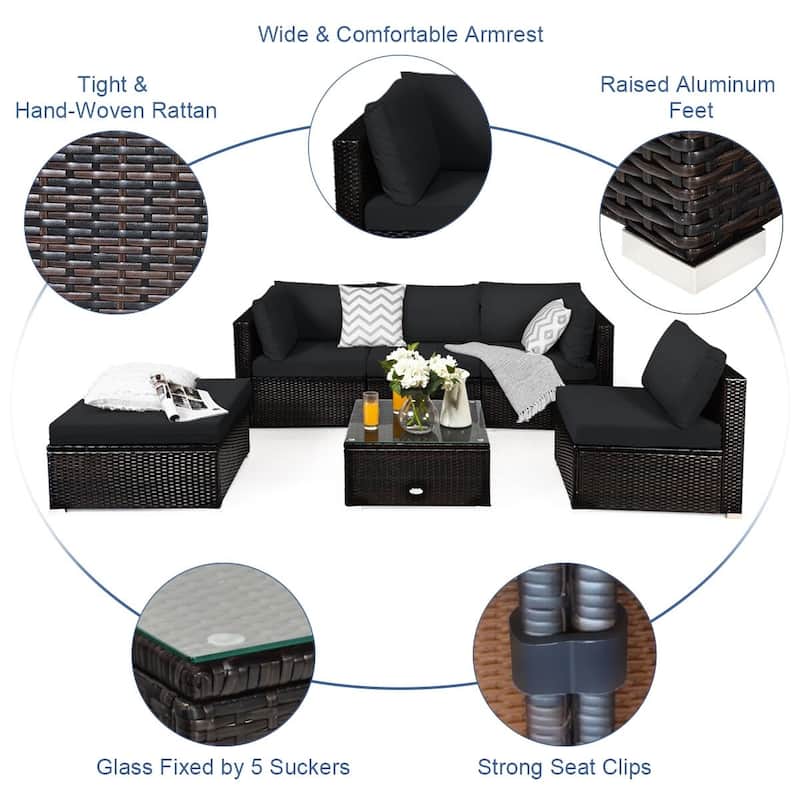 6 Pieces Outdoor Patio Rattan Furniture Set Sofa Ottoman with Coffee Table - 30'' x 30'' x 26''(L x W x H)