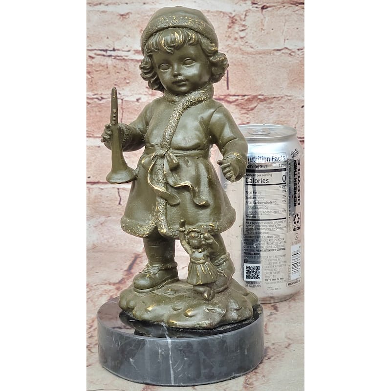Bronze Winter Child Sculpture – Girl With Horn And Doll Figurine On Base