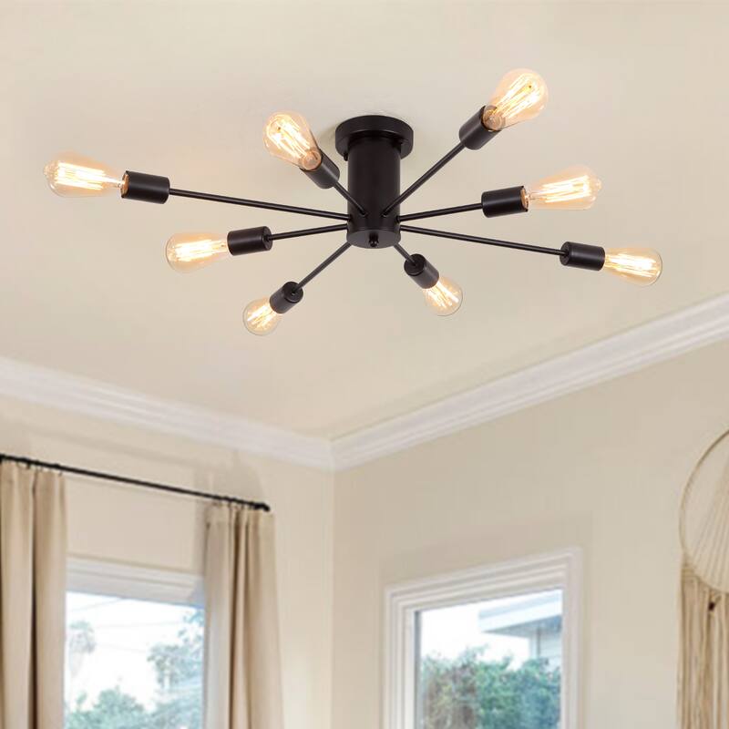 8-Light Modern Semi Flush Mount Sputnik Ceiling Light for Kitchen Bedroom Dining Room - Black