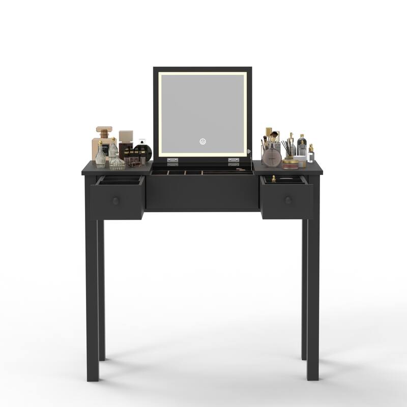 Small Flip Top Makeup Table with LED Lights, Mirror, 2 Drawers