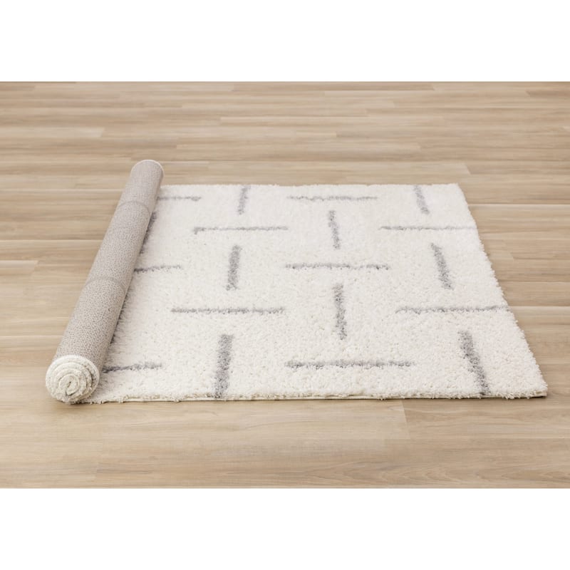 Cream Gray Neutral Lines Soft Shag Area Rug, 5'3" x 7'7"