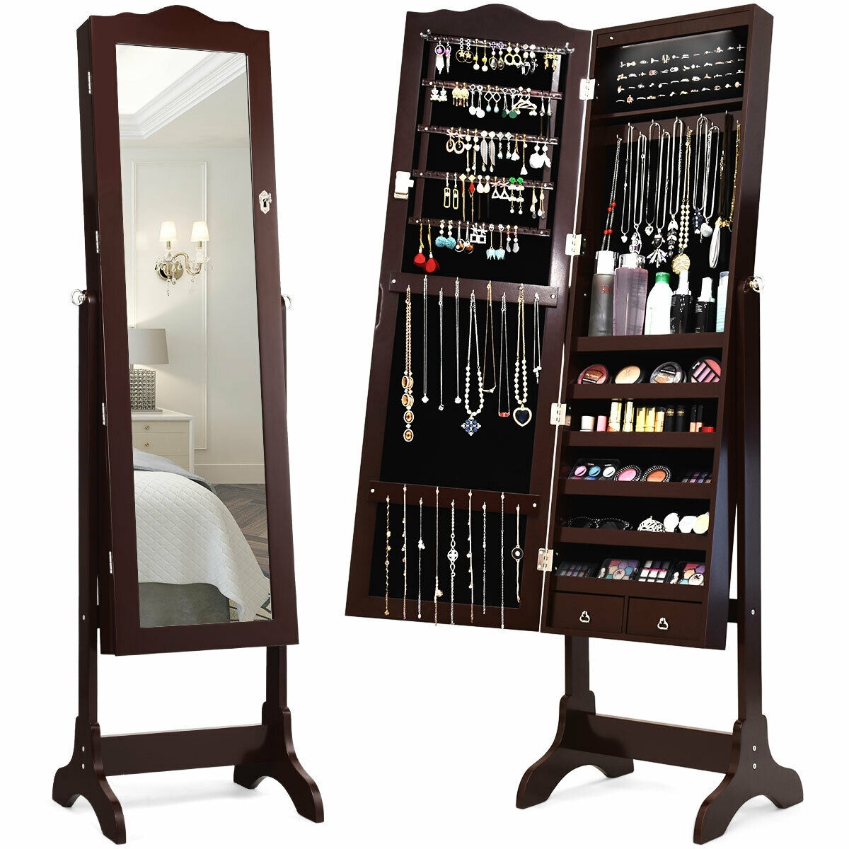 Shop Gymax Mirrored Jewelry Cabinet Armoire Storage Organizer W