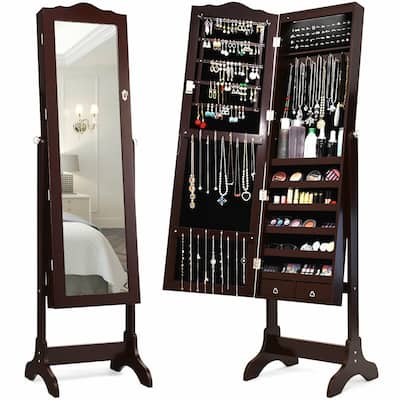 Gymax Mirrored Jewelry Cabinet Armoire Storage Organizer w/Drawer &