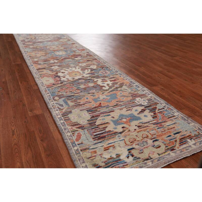 Hand Knotted Oriental 100% Wool Carpet Transitional Floral Multi-Colored Oushak Runner Rug - 19' 4'' X 2' 5''
