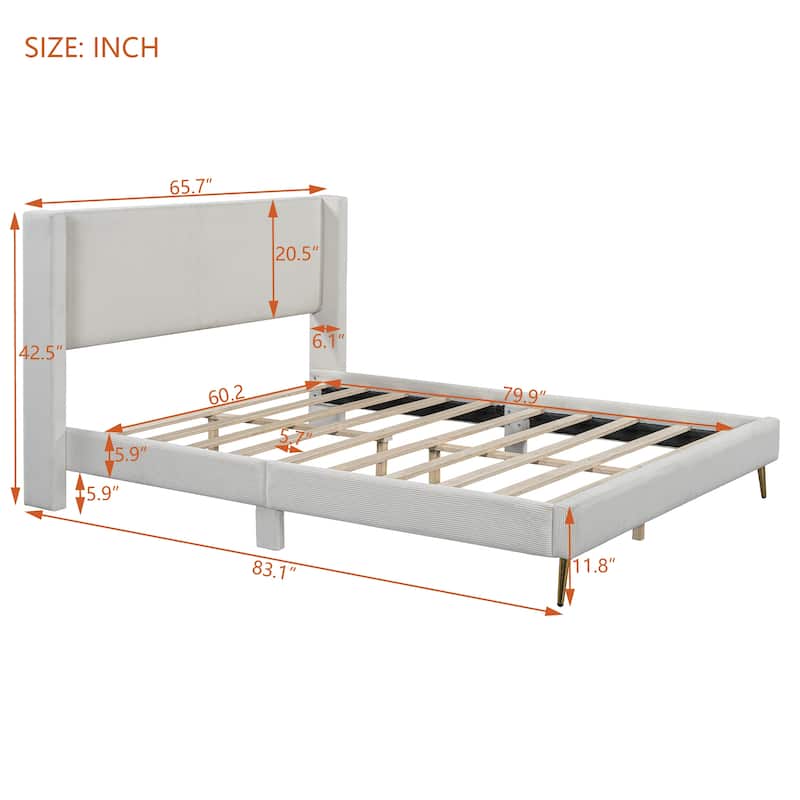 Modern Queen Platform Bed in Corduroy with Tufted Headboard, Metal Legs, and Sturdy Wood Slats