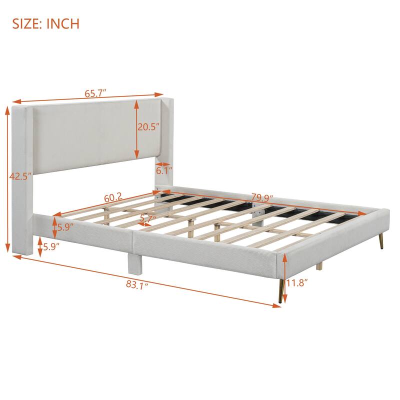 Queen Size Corduroy Platform Bed Frame with Metal Legs, Wooden Slats Support, No Box Spring Needed