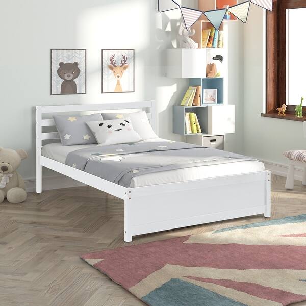 slide 2 of 9, Simple and Modern Full Size Wood Platform Bed Frame with Headboard and Under bed Storage Space, 8 Strong Slats, Easy Assembly White - Full