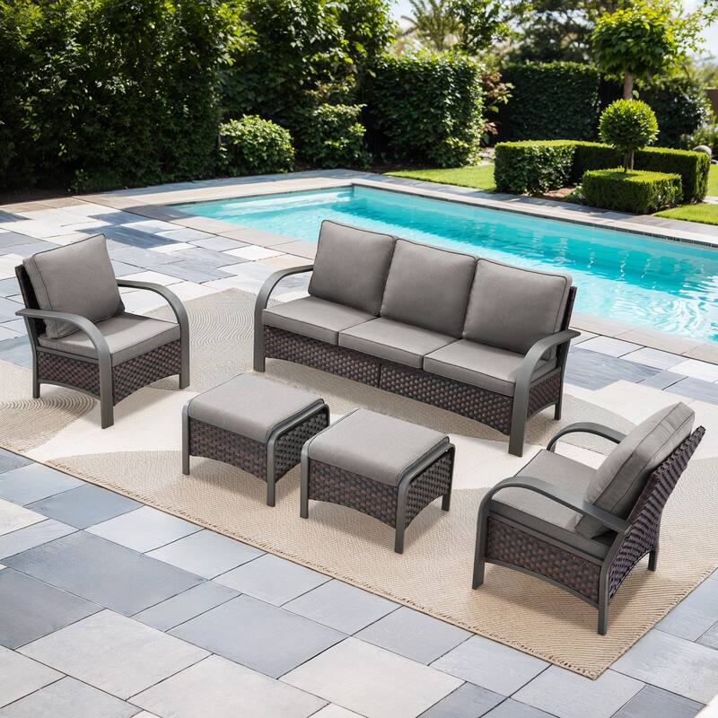 Outdoor Furniture 3 Seats Sofa with Ottoman Club Chairs - Brown - Grey