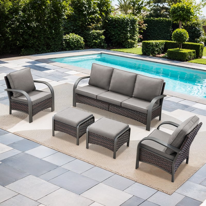 Outdoor Sofa Patio Furniture Set - Brown Rattan - Grey Cushion - 5PCS Sofa Patio Chair with Ottoman