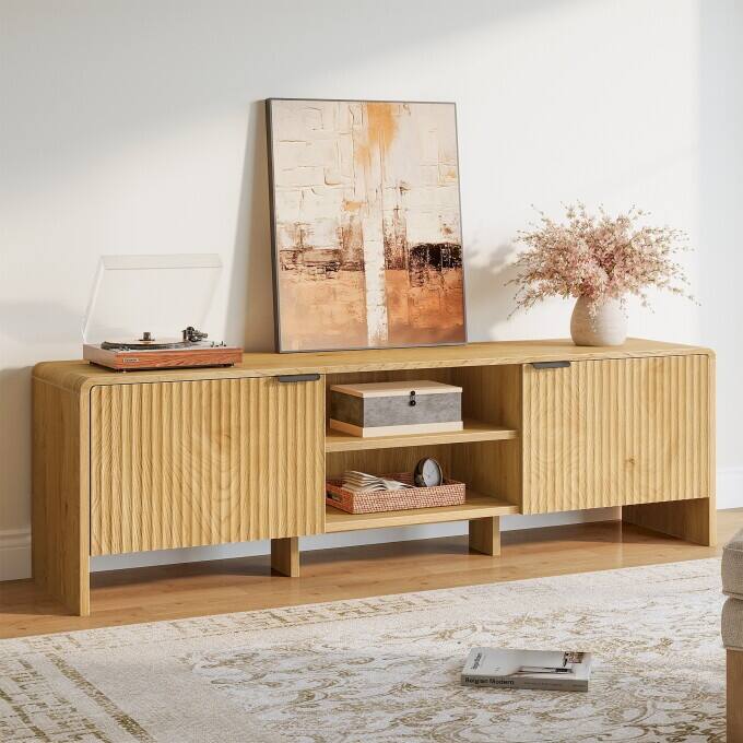 63-Inch Wooden TV Stand With Storage, Modern Low Console Table