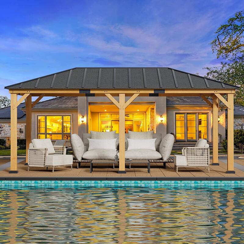 Hardtop Wood Gazebo for Patio, Outdoor Cedar/Spruce Pergola with Metal or Asphalt Roof, All-Weather Backyard Shelter