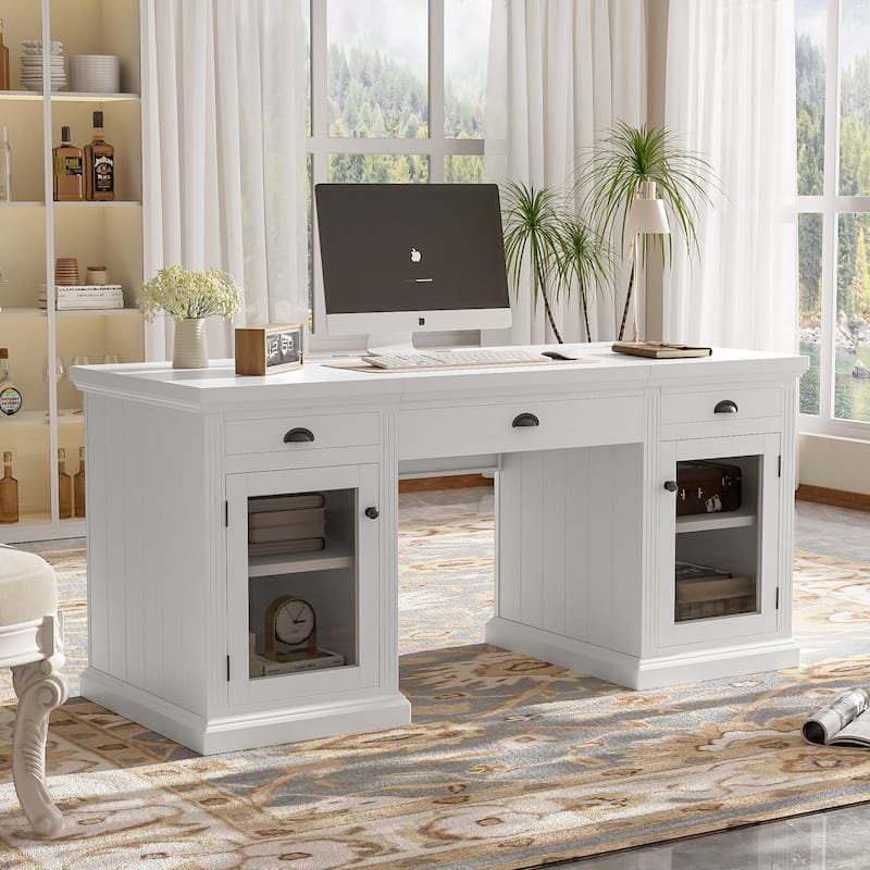 67-Inch Modern Executive Computer Desk with 2 Glass Doors Storage Cabinet & 3 Drawers - White