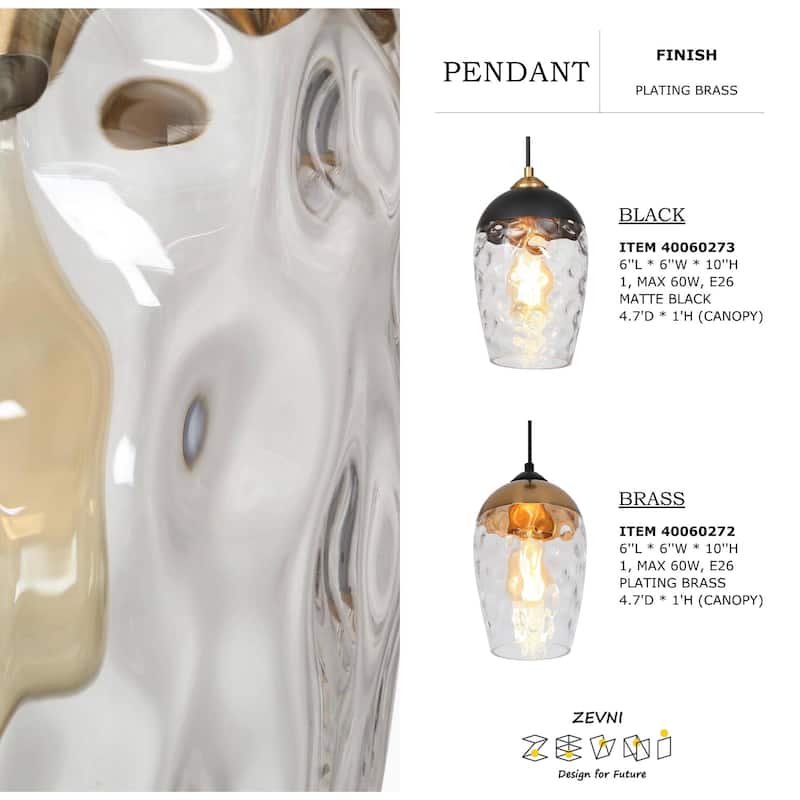 Ottilie Modern 1-Light Black Gold Hammered Glass Pendant Lights for Kitchen Island - 6"D x 10"H