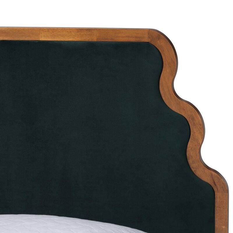 Gerianne Velvet Upholstered Platform Bed - Classic European Bed Frame with Scalloped Headboard and Wood Trim