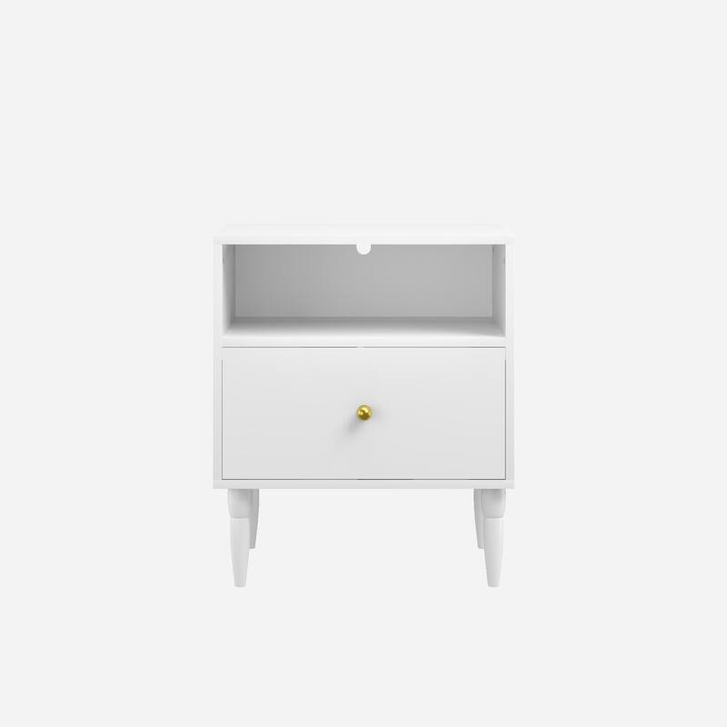 Anmytek White Nightstand with Drawer, Open Shelf, Gold Knob, Solid Wood Legs, Modern Bedside Table