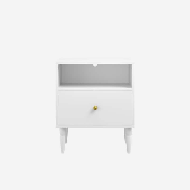 Modern Nightstand with Drawer and Open Shelf, Bedside Table with Gold Knob, Solid Wood Legs, Small End Table for Bedroom