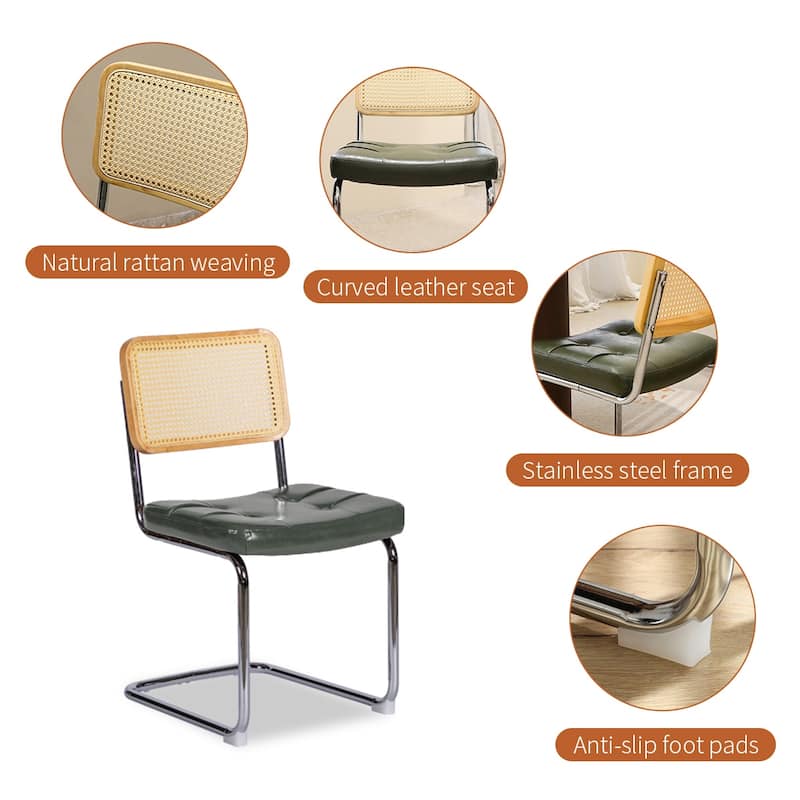 PU Upholstered Dining Chairs Set of 2, with Chrome Legs and Rattan Back
