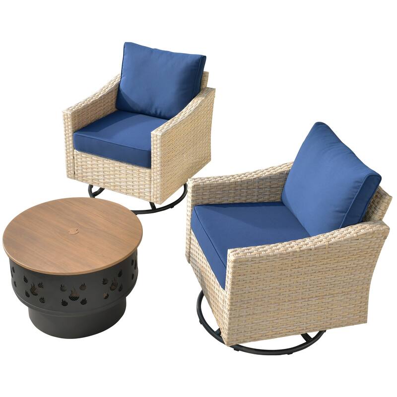 HOOOWOOO Outdoor 3-piece Rattan Wicker Swivel Rocking Chair Set with Wood Burning Fire Pit