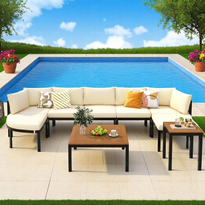 6-Piece Outdoor Patio Sectional Sofa Set with WPC Coffee Table, Side Table, Water-Resistant Cushions,outdoor Conversation Set - Beige