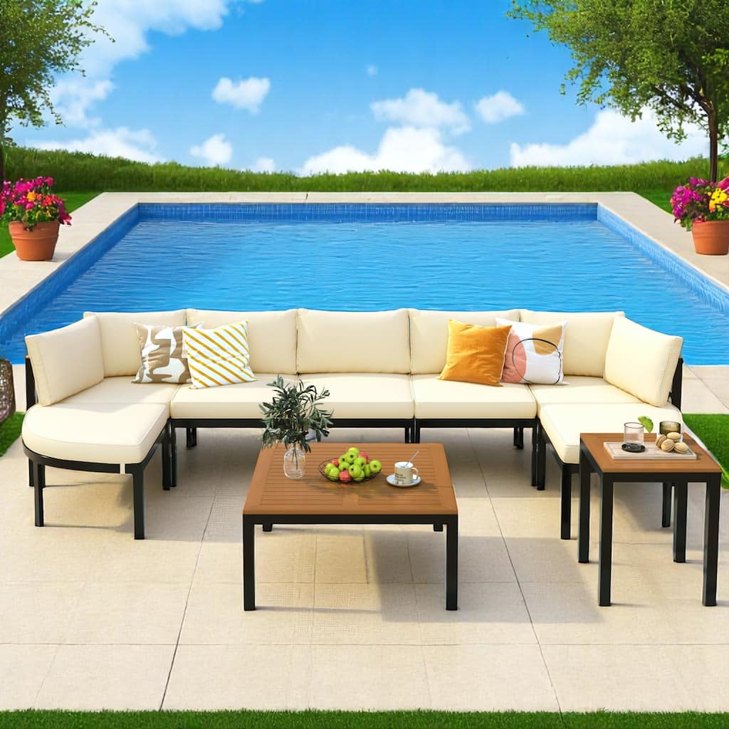6-Piece Outdoor Patio Sectional Sofa Set with WPC Coffee Table, Side Table, Water-Resistant Cushions,outdoor Conversation Set