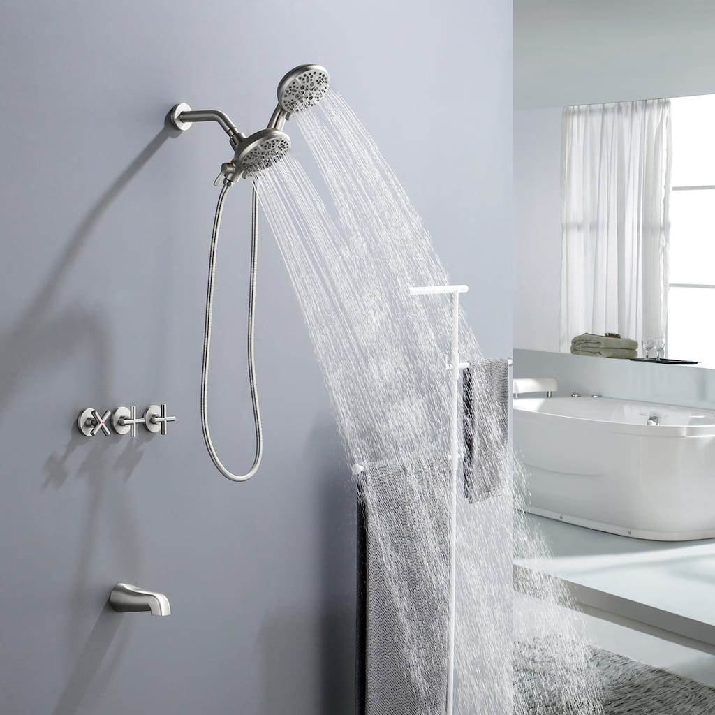 Modland 3-Handle Tub and Shower Faucet Set Dual Head 7-Spray Brass Valve Kit with Alloy Spout