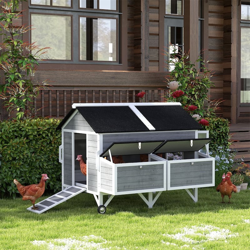 Large Wooden Chicken Coop with 2 Nesting Boxes, Wheels and Ramp - 59.1" W × 53.1" D × 48.2" H - Grey-White-Black