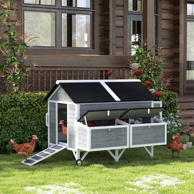 Large Wooden Chicken Coop with 2 Nesting Boxes, Wheels and Ramp - 59.1" W × 53.1" D × 48.2" H