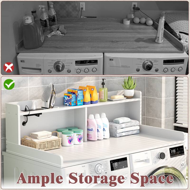 54" x 27.4" Laundry Countertop for Washer and Dryer with Non-Slip Pads，LED Lights，Power Outlets