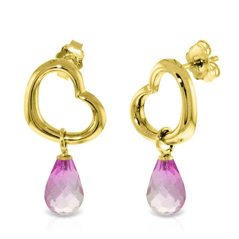 14K Solid Gold Heart Gemstone Earrings w/ Dangling Natural Pink Topaz - Yellow