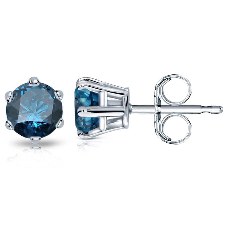 Auriya 1 1/2ctw Round Blue Diamond Stud Earrings 14k Gold 6-Prong (SI2-SI3) - White