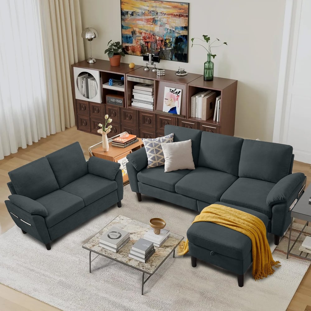 3-Piece Living Room Sectional Sofa Set with Loveseat and Ottoman