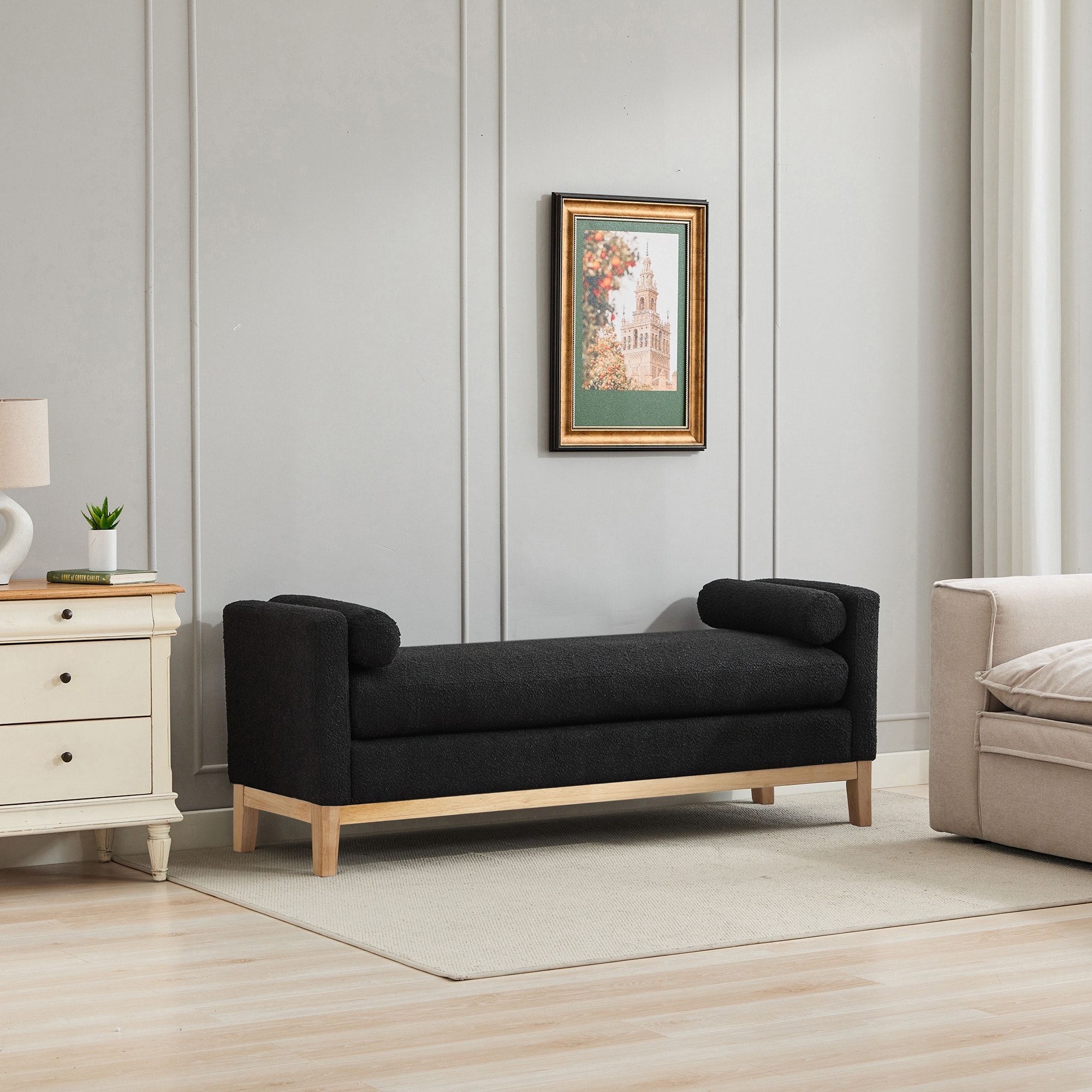 66.34"W Elegant Upholstered Bench,Ottoman with Nature Wood Legs & 2 Bolster Pillows for End of Bed, Bedroom, Living Room