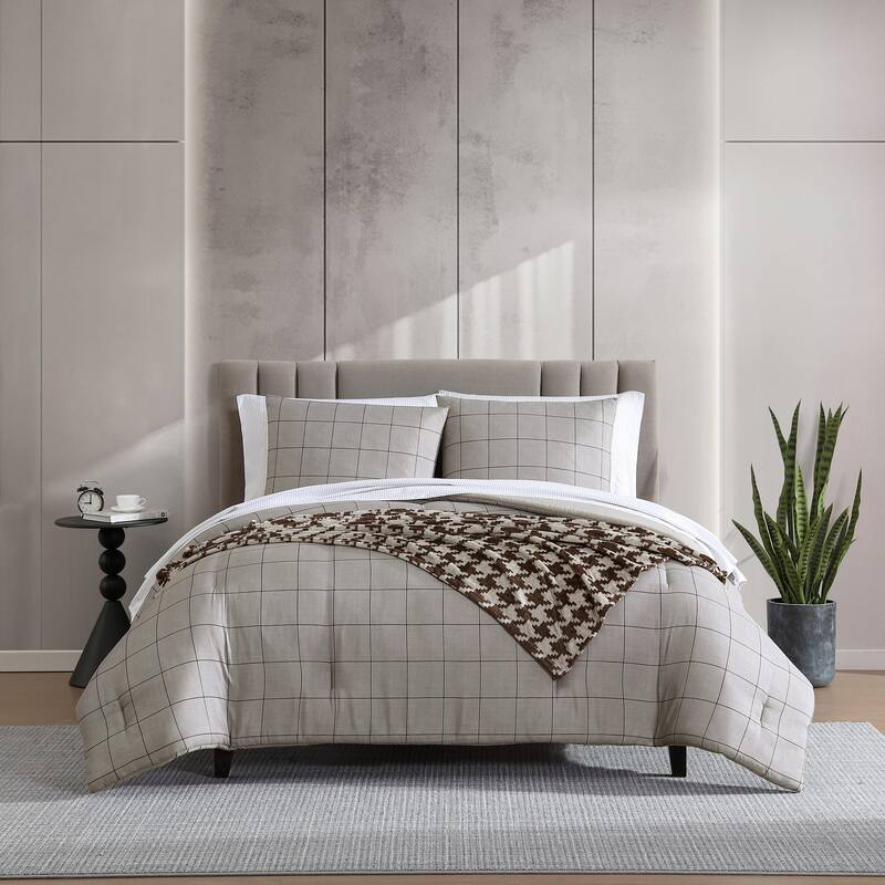 Kenneth Cole Reaction Holden Grid Cotton Brown Reversible Bonus Comforter Set