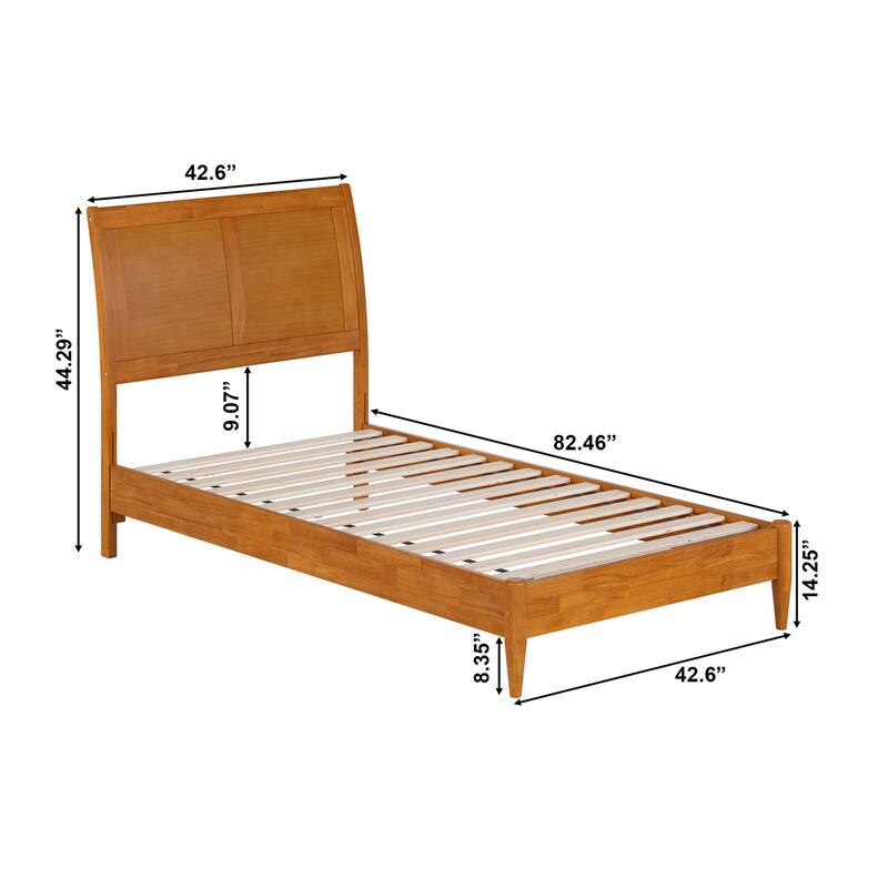 Twin Platform Bed with USB Ports - Solid Wood Low Profile Sleigh Bed, Light Toffee Finish