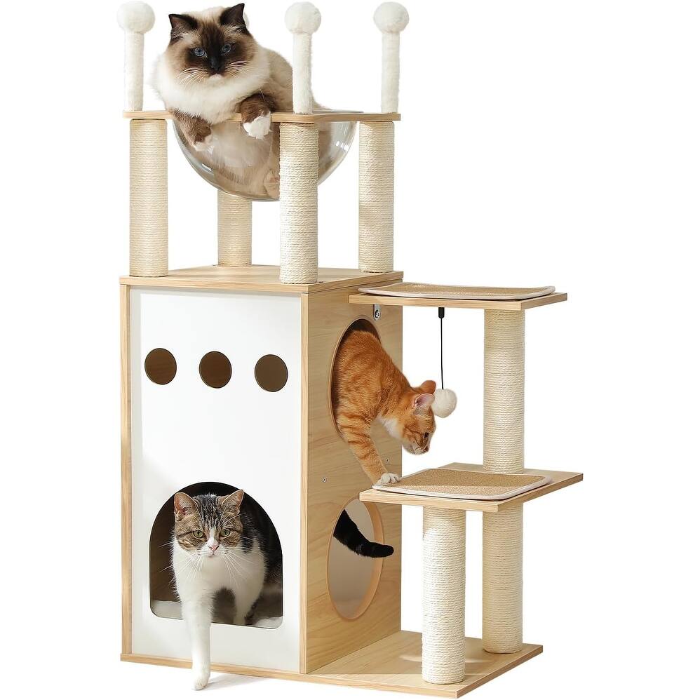 42.5" Modern Wooden Cat Tower，2-Floor Condo, Stylish Feline Furniture