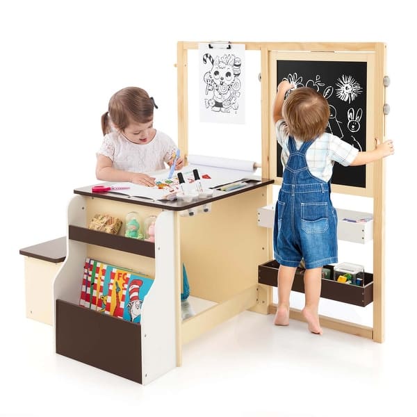 slide 2 of 7, Kids Art Center Table Bench Set Adjustable Double-Sided Easel Storage