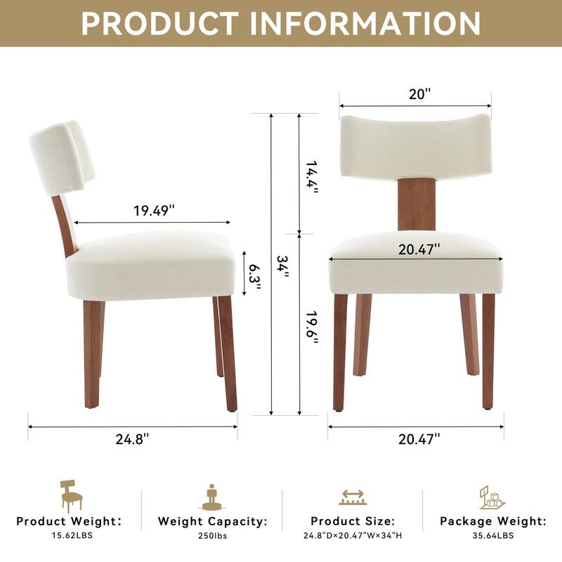 Set of 2 Upholstered Dining Chairs with Curved Backrest, Wooden Legs