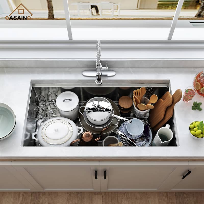 36 in. Undermount Single Bowl 18 Gauge Brushed Stainless Steel Workstation Kitchen Sink with Sliding-Accessories