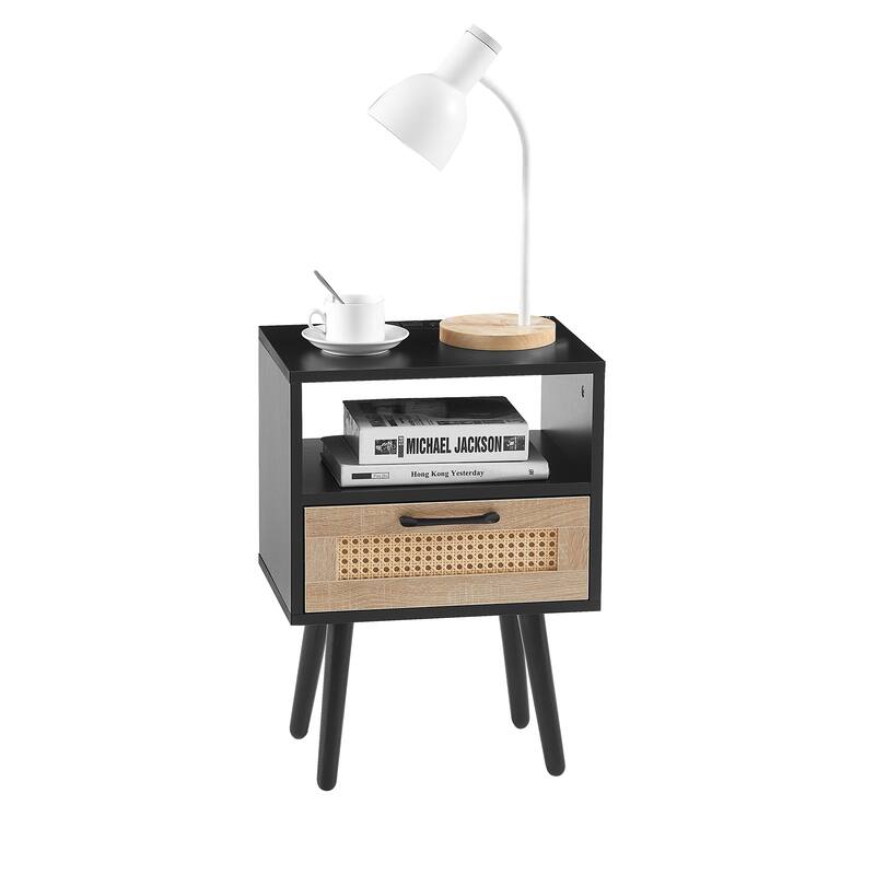 15.75" Rattan End table with Power Outlet & USB Ports , Modern nightstand with drawer and solid wood legs, side table