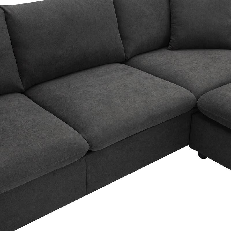Grey 100.4'' Polyester L-Shaped 4-Seat Sectional Sofa Couch with Convertible Ottoman and 2 Pillows, Contemporary Design